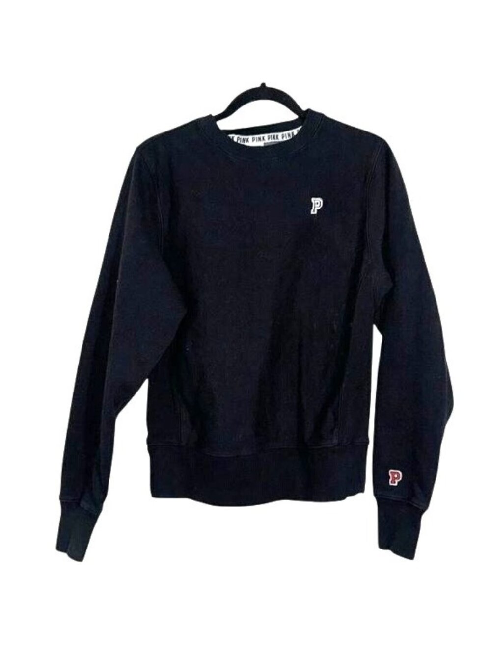 Victorias Secret Pink Black Crewneck Sweatshirt XS Embroidered P Logo Casual Pul